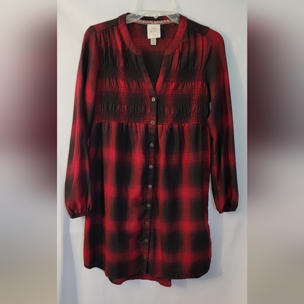 Knox Rose Red and Black Plaid Tunic Top Size XS